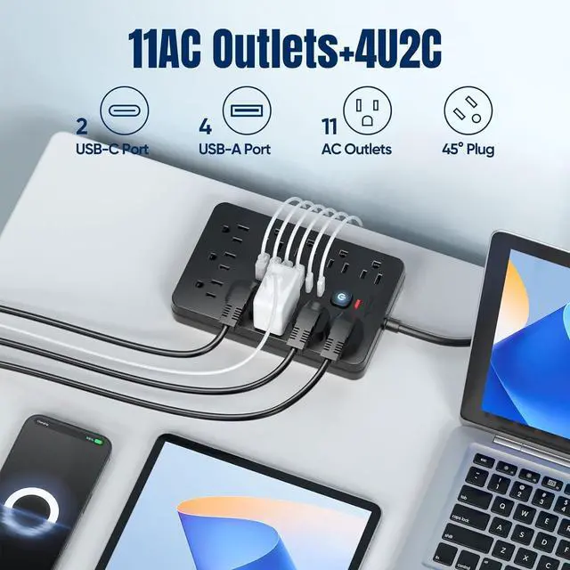 Alt view image 2 of 7 - 6 FT Flat Plug Surge Protector Power Strip 11 Multiple AC Outlets with 6 USB Ports (2 USB C) 6 Feet Extension Cord 1250W/10A One Touch Switch Button 17 in 1 Compact powerstrip