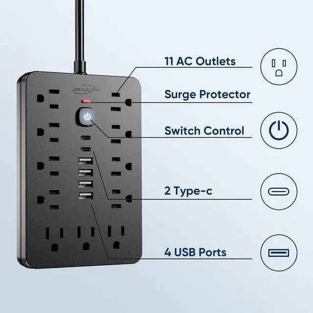 Alt view image 3 of 7 - 6 FT Flat Plug Surge Protector Power Strip 11 Multiple AC Outlets with 6 USB Ports (2 USB C) 6 Feet Extension Cord 1250W/10A One Touch Switch Button 17 in 1 Compact powerstrip