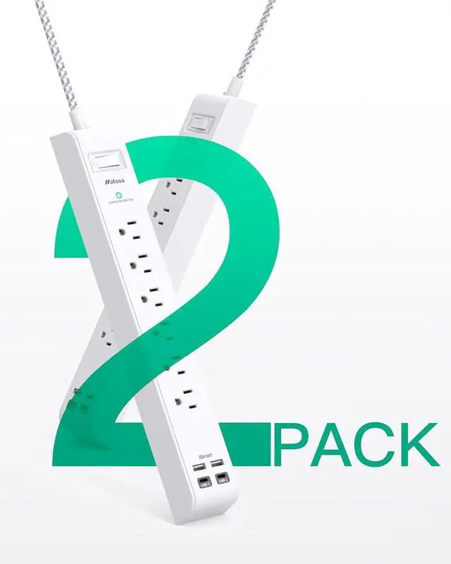 Alt view image 7 of 7 - 2 Pack Power Strip Surge Protector, 6 Outlets 4 USB Ports (2 USB C) 5Ft Long Extension Cords, Flat Plug Overload Protection Outlet Strip, Wall Mount for Home, Office and Dorm Essential, ETL Listed