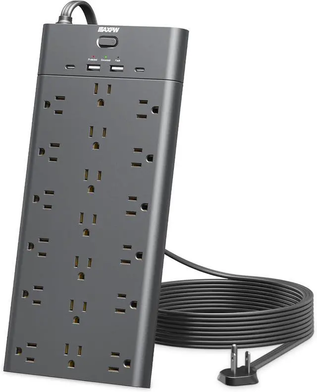 Main image of Surge Protector Power Strip, Extension Cord with 19 Outlets and 4 USB Ports, 6.5 Ft Flat Plug Heavy Duty Outlet Extender, 1875W, 2100 Joules, Wall Mount for Home, Office, Gaming Room, Dorm, Black
