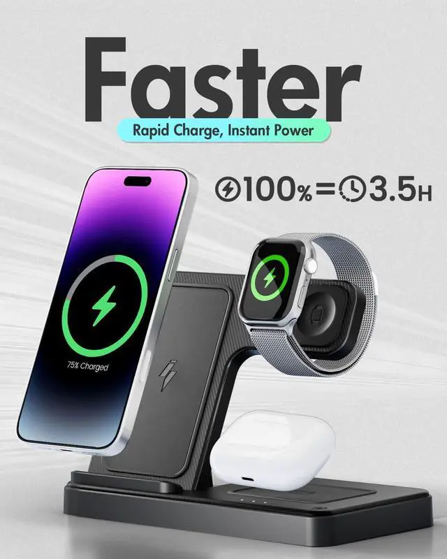 Alt view image 5 of 7 - Wireless Charger iPhone Charging Station: 3 in 1 Charger Stand Multiple Devices for Apple - iPhone 16e 16 15 14 Pro Max 13 12 11 - Watch 10 9 8 7 6 5 4 3 2 SE and Ultra Series - Airpods 4 3 2 Pro