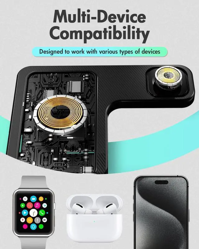 Alt view image 7 of 7 - Wireless Charger iPhone Charging Station: 3 in 1 Charger Stand Multiple Devices for Apple - iPhone 16e 16 15 14 Pro Max 13 12 11 - Watch 10 9 8 7 6 5 4 3 2 SE and Ultra Series - Airpods 4 3 2 Pro