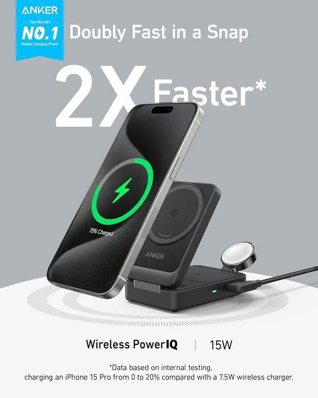 Alt view image 2 of 7 - Anker MagGo 3-in-1 iPhone 16 Charging Station, MagSafe-Compatible Wireless Charger Stand, Qi2 Certified 15W Foldable Charger for iPhone 15/14, AirPods, Apple Watch 9 (40W USB-C Charger Included)