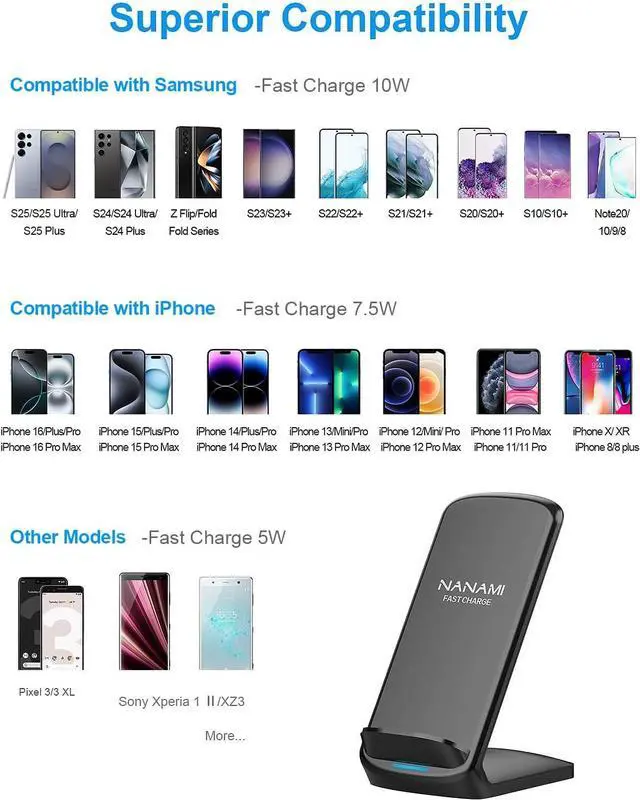 Alt view image 3 of 7 - Upgraded Fast Wireless Charger Qi-Certified Wireless Charging Stand Compatible with  Galaxy S25/S24/S23/S22/S21/S20 & Qi Phone Charger for iPhone 16/16 Plus/16 Pro/16 Pro Max/15/14/13