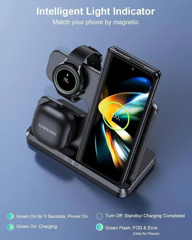 Alt view image 6 of 7 - Wireless Charger for  Charging Station & Android Multiple Devices 3 in 1 Fast Charger Stand for Phone Galaxy Z Flip 5/4/3 Z Fold S24 S23 Ultra S22 S21 S20 Galaxy Watch 6/5 Pro/4/3 Buds