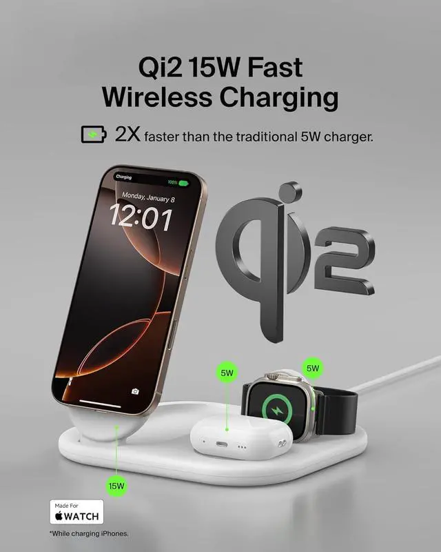 Alt view image 2 of 7 - Belkin 3-in-1 MagSafe-Compatible iPhone Charger 15W, Foldable Magnetic Qi2-Certified Wireless Charging Station for iPhone 16, Apple Watch Series 10, AirPods 4, and More, w/Non-Slip Base & PSU - White