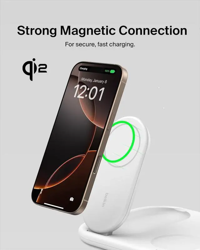 Alt view image 4 of 7 - Belkin 3-in-1 MagSafe-Compatible iPhone Charger 15W, Foldable Magnetic Qi2-Certified Wireless Charging Station for iPhone 16, Apple Watch Series 10, AirPods 4, and More, w/Non-Slip Base & PSU - White