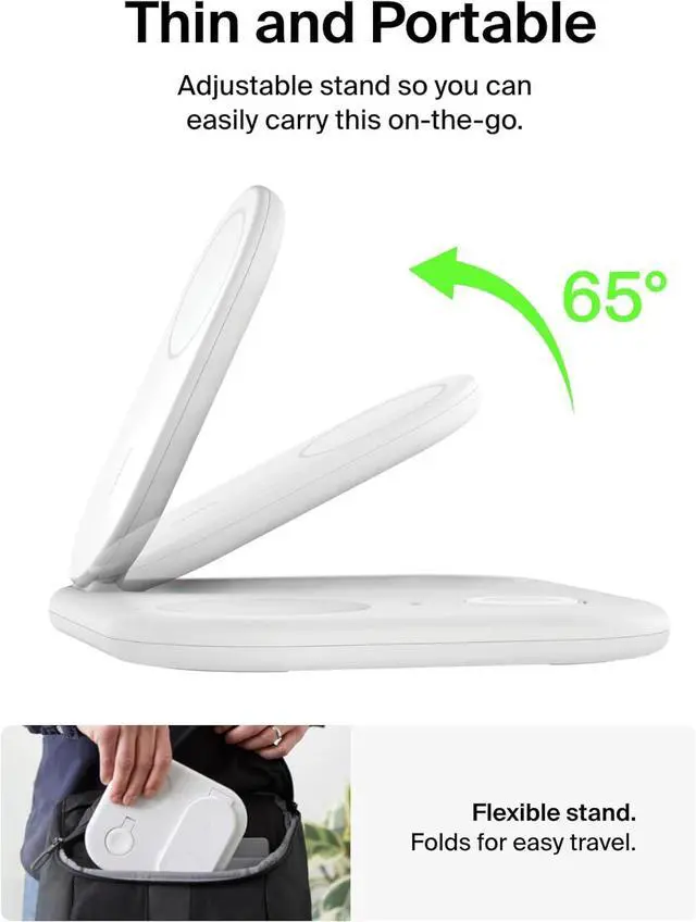 Alt view image 6 of 7 - Belkin 3-in-1 MagSafe-Compatible iPhone Charger 15W, Foldable Magnetic Qi2-Certified Wireless Charging Station for iPhone 16, Apple Watch Series 10, AirPods 4, and More, w/Non-Slip Base & PSU - White