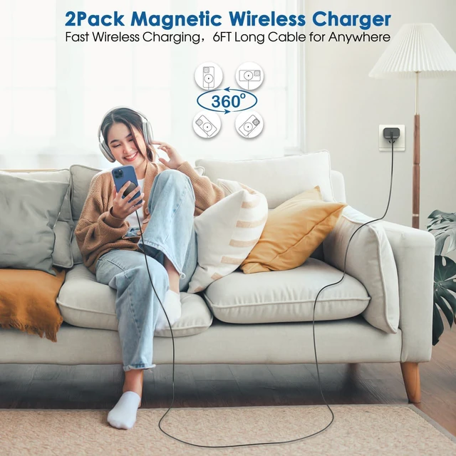 Alt view image 6 of 7 - Magnetic Wireless Charger iPhone 6FT Charger for MagSafe Charger 2Pack Fast Wireless Charging Pad for iPhone 16 Pro Max/16 Pro/16 Plus/15 ProMax/15/14/13/12/AirPods 3/2/Pro Mag-Safe Charging Pad