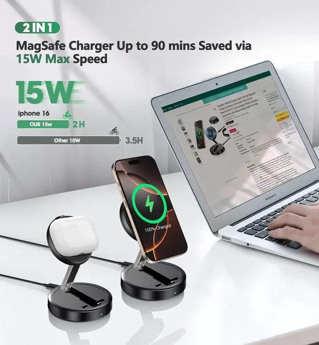 Alt view image 2 of 7 - Magnetic Wireless 15W Fast Mag Safe Charger Pad for iPhone 16 Pro Max/16 Pro/16 Plus/16/15/14/13/12 Series Foldable Charging Station  Mag-Safe Charger for AirPods 3/2/Pro 2/Pro