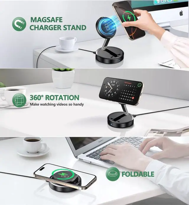 Alt view image 3 of 7 - Magnetic Wireless 15W Fast Mag Safe Charger Pad for iPhone 16 Pro Max/16 Pro/16 Plus/16/15/14/13/12 Series Foldable Charging Station  Mag-Safe Charger for AirPods 3/2/Pro 2/Pro