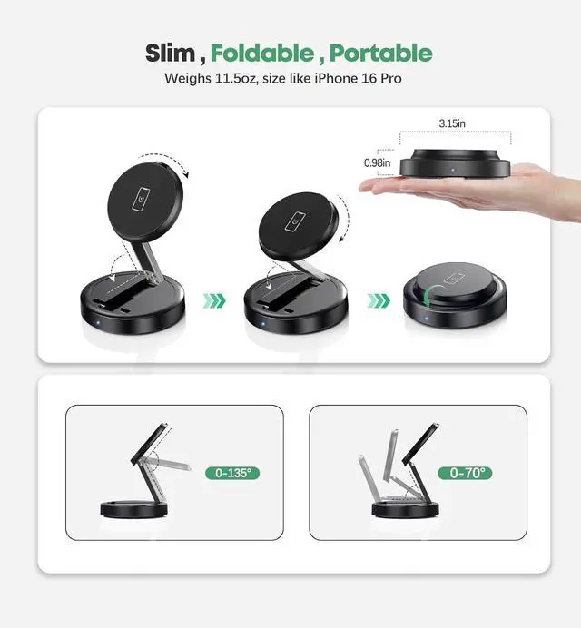 Alt view image 7 of 7 - Magnetic Wireless 15W Fast Mag Safe Charger Pad for iPhone 16 Pro Max/16 Pro/16 Plus/16/15/14/13/12 Series Foldable Charging Station  Mag-Safe Charger for AirPods 3/2/Pro 2/Pro