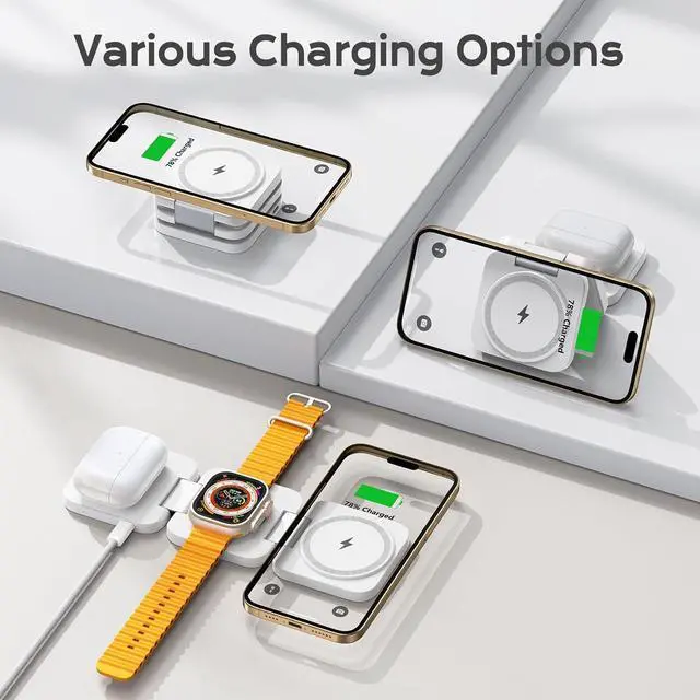 Alt view image 3 of 7 - Wireless Charger for iPhone 3 in 1 Travel Charging Station for iPhone 16/15/14/13/12 Series 5W Foldable Charger for  Watch10/9/8/7/6/5/4/3/SE for Airpods 4/3/2/Pro