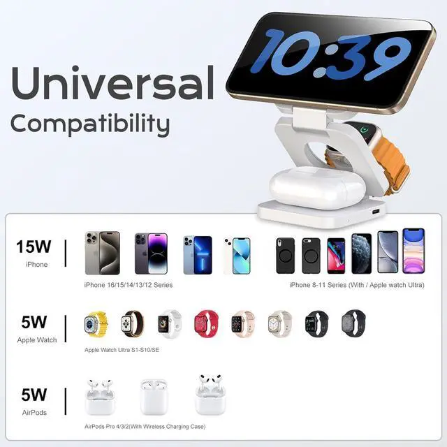 Alt view image 4 of 7 - Wireless Charger for iPhone 3 in 1 Travel Charging Station for iPhone 16/15/14/13/12 Series 5W Foldable Charger for  Watch10/9/8/7/6/5/4/3/SE for Airpods 4/3/2/Pro