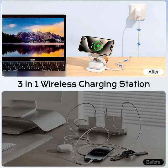 Alt view image 6 of 7 - Wireless Charger for iPhone 3 in 1 Travel Charging Station for iPhone 16/15/14/13/12 Series 5W Foldable Charger for  Watch10/9/8/7/6/5/4/3/SE for Airpods 4/3/2/Pro