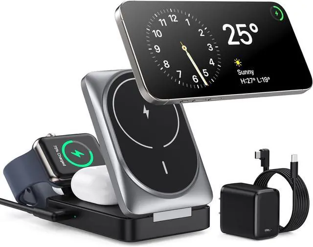 Main image of 3-in-1 Wireless Charger Charging Station for iPhone Qi2 Certified 15W Fast Charging Foldable Magnetic Charger Stand with 30W USB C Adapter for MagSafe iPhone 16/15/14/13/12  Watch AirPods