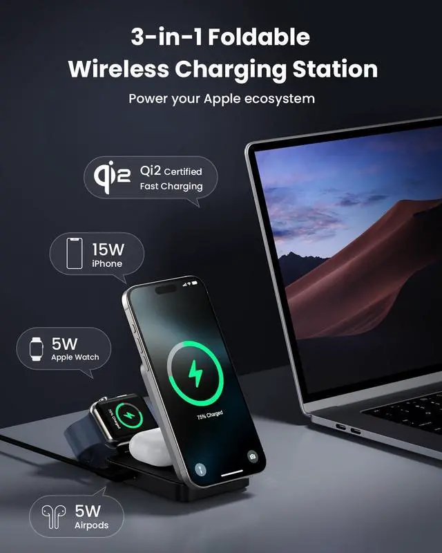 Alt view image 2 of 7 - 3-in-1 Wireless Charger Charging Station for iPhone Qi2 Certified 15W Fast Charging Foldable Magnetic Charger Stand with 30W USB C Adapter for MagSafe iPhone 16/15/14/13/12  Watch AirPods
