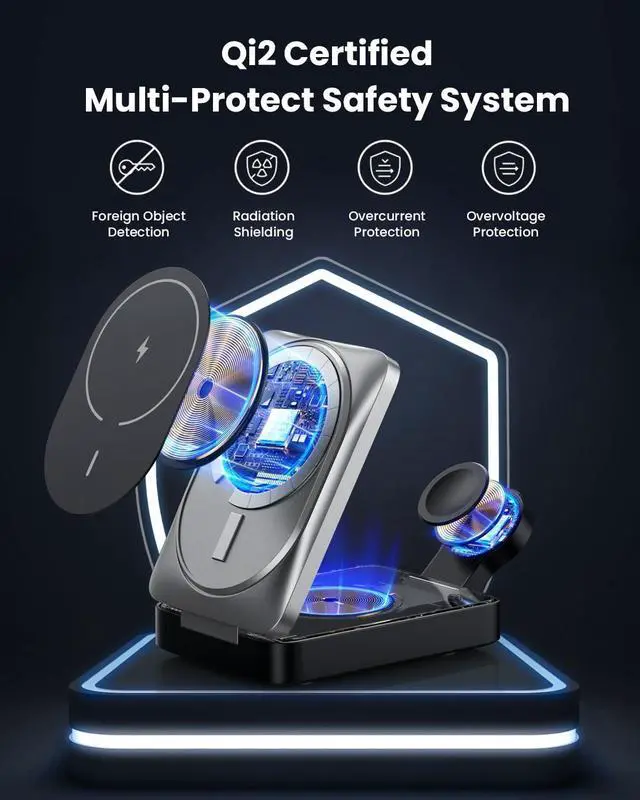 Alt view image 5 of 7 - 3-in-1 Wireless Charger Charging Station for iPhone Qi2 Certified 15W Fast Charging Foldable Magnetic Charger Stand with 30W USB C Adapter for MagSafe iPhone 16/15/14/13/12  Watch AirPods