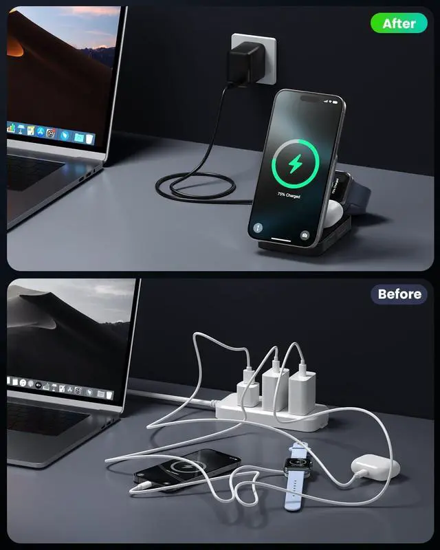 Alt view image 6 of 7 - 3-in-1 Wireless Charger Charging Station for iPhone Qi2 Certified 15W Fast Charging Foldable Magnetic Charger Stand with 30W USB C Adapter for MagSafe iPhone 16/15/14/13/12  Watch AirPods