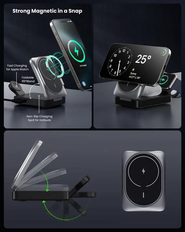 Alt view image 7 of 7 - 3-in-1 Wireless Charger Charging Station for iPhone Qi2 Certified 15W Fast Charging Foldable Magnetic Charger Stand with 30W USB C Adapter for MagSafe iPhone 16/15/14/13/12  Watch AirPods