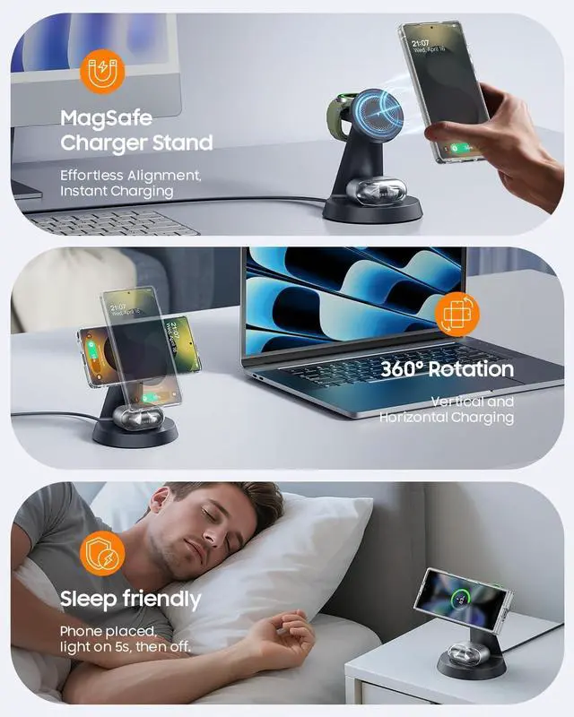 Alt view image 4 of 7 - Magnetic Wireless Charger for  3 in 1 Charging Station Compatible with MagSafe  Charger for Galaxy S25 Ultra S24 Z Fold7/Flip7 Watch Charger Stand for Galaxy Watch Ultra 8 7 for Buds