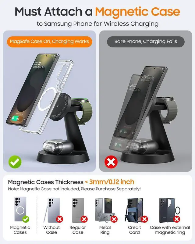 Alt view image 6 of 7 - Magnetic Wireless Charger for  3 in 1 Charging Station Compatible with MagSafe  Charger for Galaxy S25 Ultra S24 Z Fold7/Flip7 Watch Charger Stand for Galaxy Watch Ultra 8 7 for Buds