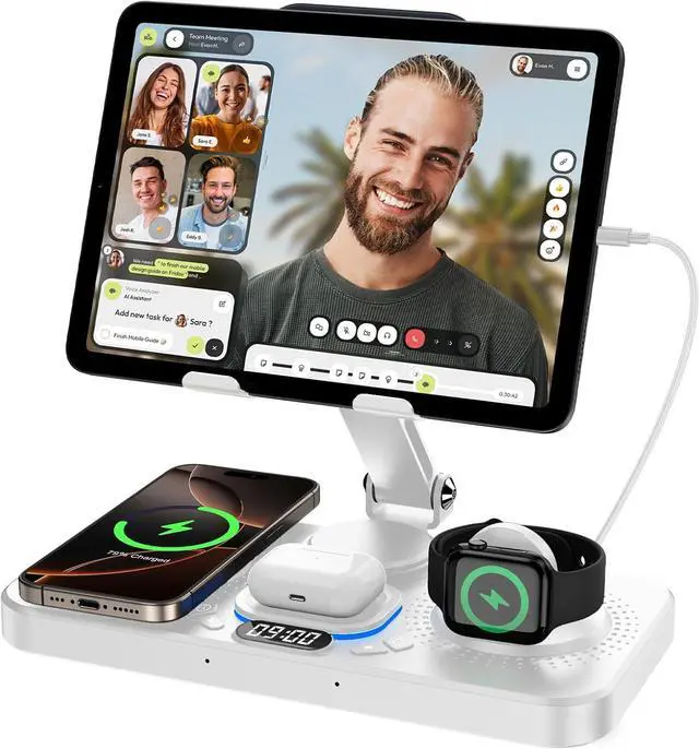 Main image of 6 in 1 Wireless Charger for  Device 30W Foldable Charging Station for ipad with Clock & 7 Color Ambient Light Nightstand Wireless Charger for iPhone 16/15/14/iWatch Series/AirPods 4/3(White)