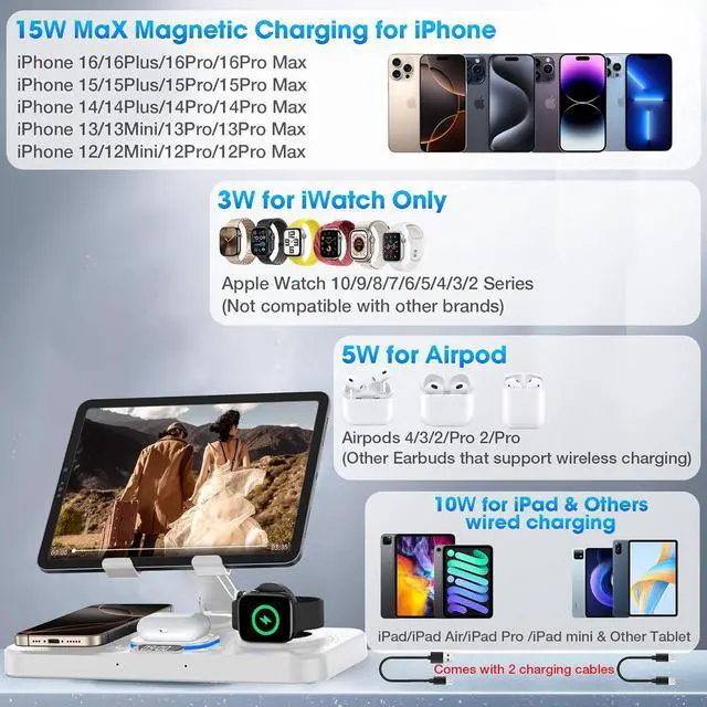 Alt view image 2 of 7 - 6 in 1 Wireless Charger for  Device 30W Foldable Charging Station for ipad with Clock & 7 Color Ambient Light Nightstand Wireless Charger for iPhone 16/15/14/iWatch Series/AirPods 4/3(White)