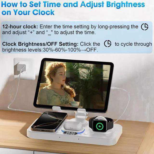 Alt view image 5 of 7 - 6 in 1 Wireless Charger for  Device 30W Foldable Charging Station for ipad with Clock & 7 Color Ambient Light Nightstand Wireless Charger for iPhone 16/15/14/iWatch Series/AirPods 4/3(White)