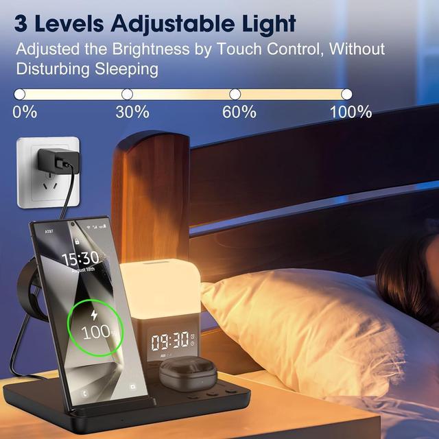 Alt view image 4 of 7 - Wireless Charger for /Android 6 in 1 Phone Nightstand Charging Station Charger with Alarm Clock/Night Light for  S25/S24/S23 Ultra/Buds3 Pro Watch Charger for Galaxy Watch 7/6/5-Black
