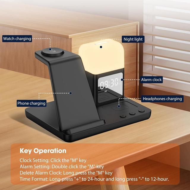 Alt view image 6 of 7 - Wireless Charger for /Android 6 in 1 Phone Nightstand Charging Station Charger with Alarm Clock/Night Light for  S25/S24/S23 Ultra/Buds3 Pro Watch Charger for Galaxy Watch 7/6/5-Black