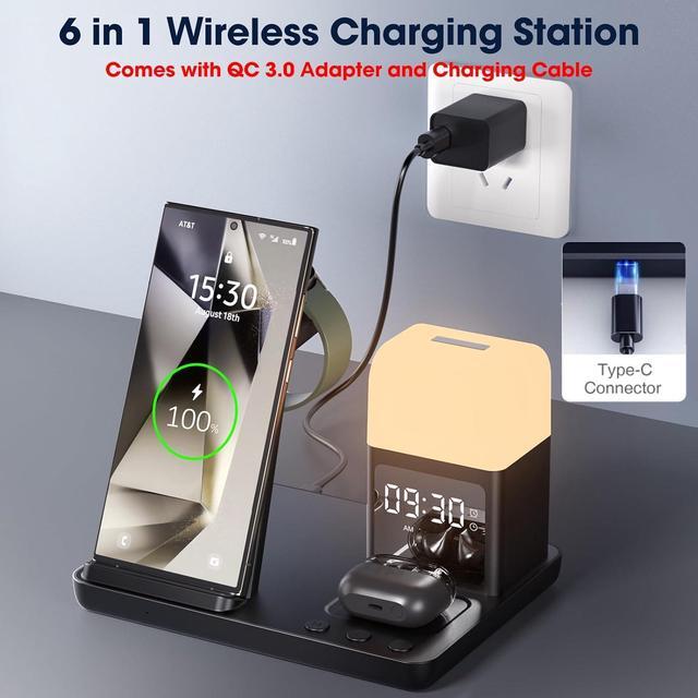 Alt view image 7 of 7 - Wireless Charger for /Android 6 in 1 Phone Nightstand Charging Station Charger with Alarm Clock/Night Light for  S25/S24/S23 Ultra/Buds3 Pro Watch Charger for Galaxy Watch 7/6/5-Black