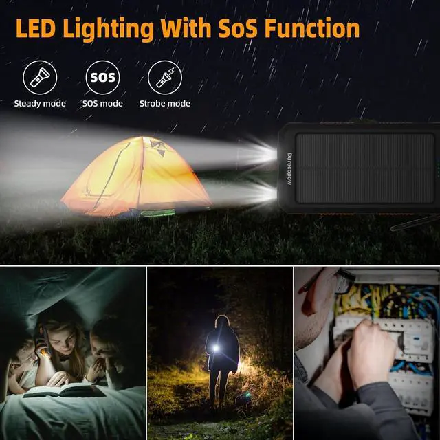 Alt view image 5 of 7 - Solar Charger Power Bank 20 000mAh Portable Charger 4 Cables 3 Ports Fast Charging External Battery Pack with USB C for Cell Phones Solar Panel Charger with Dual Flashlight for Camping