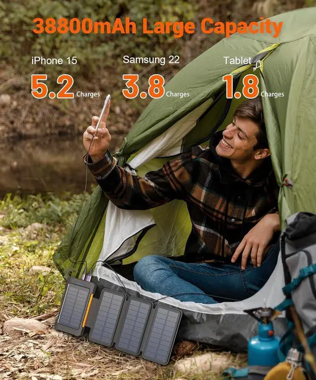 Alt view image 3 of 7 - Solar Power Bank 38800mAh with 4 Solar Panels Portable Charger USB C 18W Fast Charge for iPhone  IP67 Waterproof Outdoor External Battery Pack with Flashlight Light/SOS/Strobe