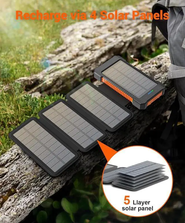 Alt view image 4 of 7 - Solar Power Bank 38800mAh with 4 Solar Panels Portable Charger USB C 18W Fast Charge for iPhone  IP67 Waterproof Outdoor External Battery Pack with Flashlight Light/SOS/Strobe