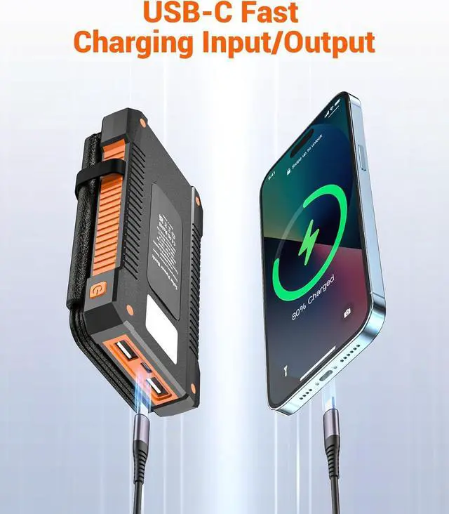Alt view image 7 of 7 - Solar Power Bank 38800mAh with 4 Solar Panels Portable Charger USB C 18W Fast Charge for iPhone  IP67 Waterproof Outdoor External Battery Pack with Flashlight Light/SOS/Strobe