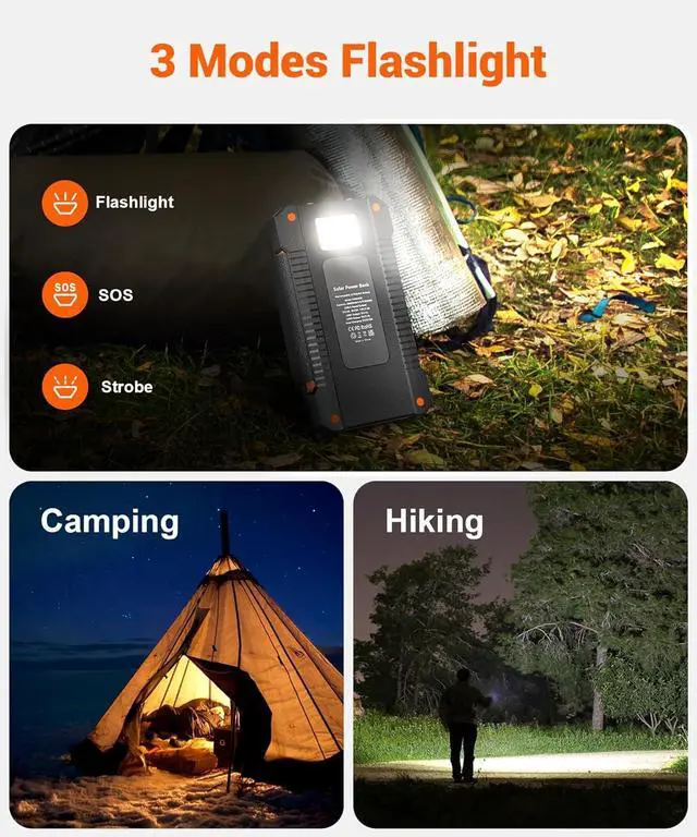 Alt view image 5 of 7 - Solar Power Bank 38800mAh with 4 Solar Panels Portable Charger USB C 18W Fast Charge for iPhone  IP67 Waterproof Outdoor External Battery Pack with Flashlight Light/SOS/Strobe