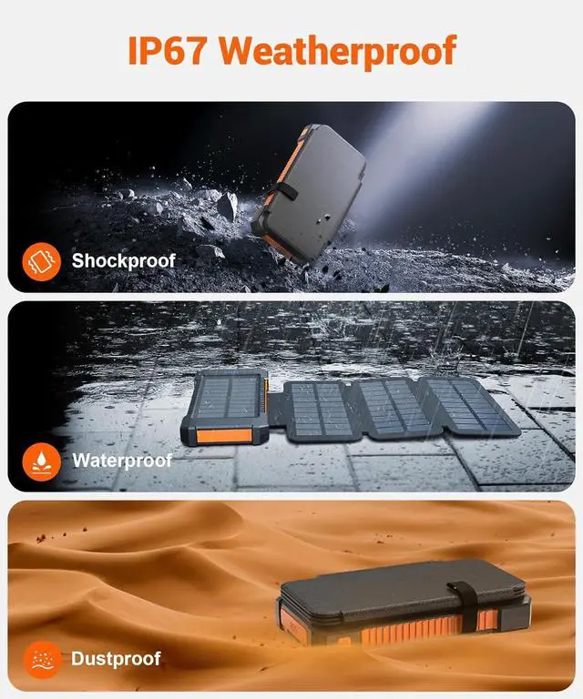 Alt view image 6 of 7 - Solar Power Bank 38800mAh with 4 Solar Panels Portable Charger USB C 18W Fast Charge for iPhone  IP67 Waterproof Outdoor External Battery Pack with Flashlight Light/SOS/Strobe
