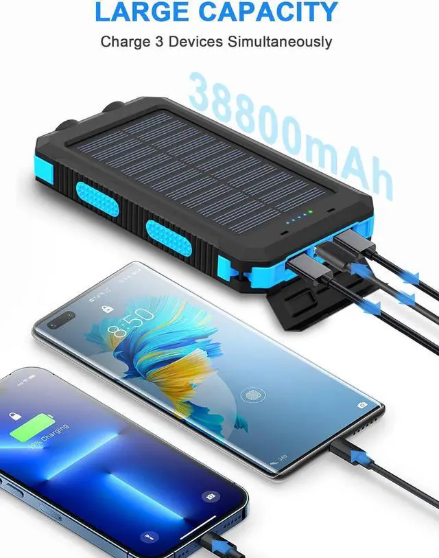 Alt view image 2 of 7 - Solar Power Bank Portable Charger 38800mah Waterproof Battery Backup Charger Solar Panel Charger with Dual LED Flashlights Suitable for Outdoor Camping Travel