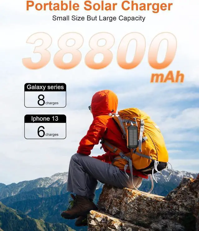 Alt view image 7 of 7 - Solar Charger 38800mAh Solar Power Bank Outdoor Portable Charger External Waterproof Battery Pack 5V/3.1A Fast Charger Type C Ports with LED Flashlights Perfect for Travel Camping