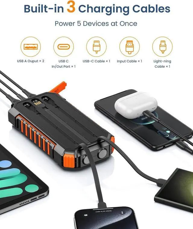 Alt view image 2 of 7 - Power Bank Solar Charger 27000mAh Built in 3 Cables Five Outputs 15W Fast Charging Power Bank for All Mobile Devices Solar Portable Charger with Dual Flashlights