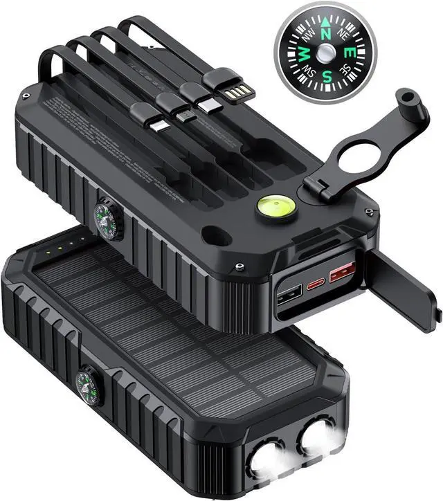 Main image of QiSa Solar Charger Power Bank 40000mAh Built in 4 Cables and Hand Crank, Portable Charger 22.5W Fast Charger 6 Outputs & 4 Inputs External Battery Pack with Bright Flashlight and Compass