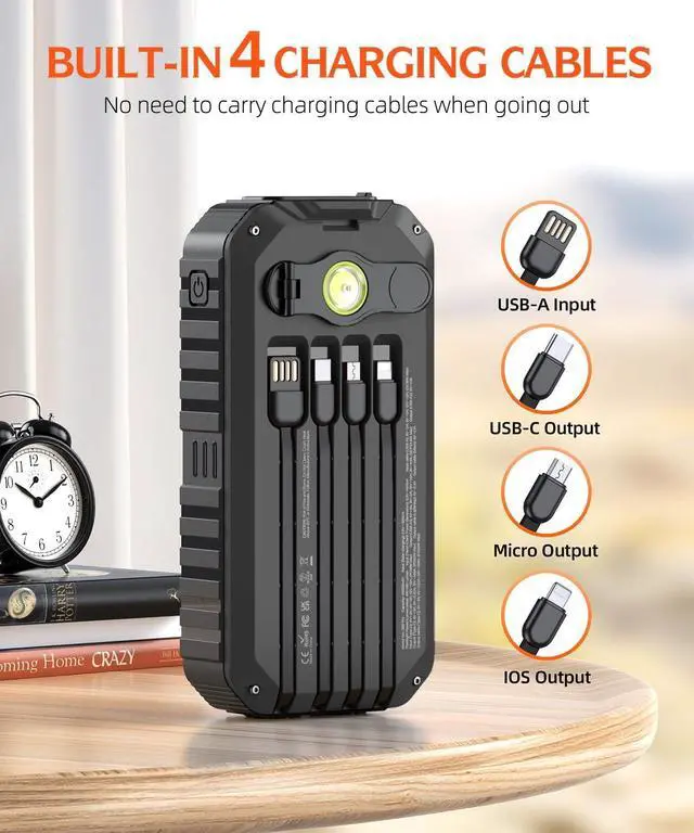 Alt view image 3 of 7 - QiSa Solar Charger Power Bank 40000mAh Built in 4 Cables and Hand Crank, Portable Charger 22.5W Fast Charger 6 Outputs & 4 Inputs External Battery Pack with Bright Flashlight and Compass