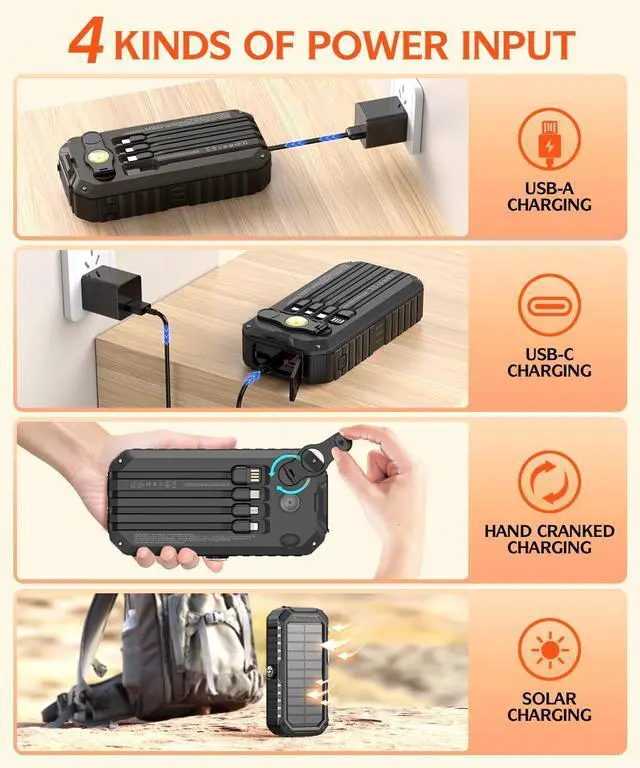 Alt view image 4 of 7 - QiSa Solar Charger Power Bank 40000mAh Built in 4 Cables and Hand Crank, Portable Charger 22.5W Fast Charger 6 Outputs & 4 Inputs External Battery Pack with Bright Flashlight and Compass