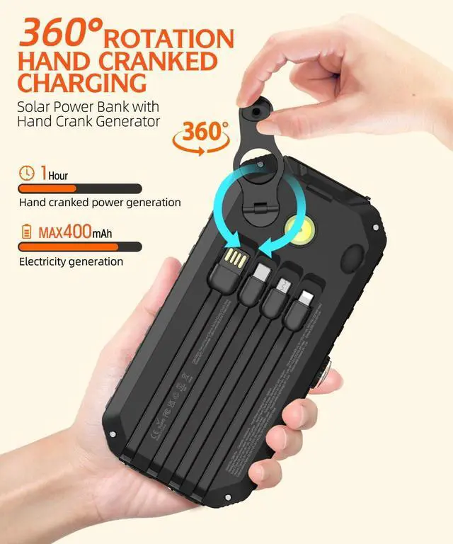 Alt view image 5 of 7 - QiSa Solar Charger Power Bank 40000mAh Built in 4 Cables and Hand Crank, Portable Charger 22.5W Fast Charger 6 Outputs & 4 Inputs External Battery Pack with Bright Flashlight and Compass