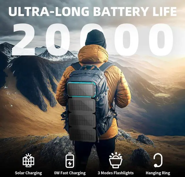 Alt view image 2 of 7 - Solar Charger Power Bank 20000mAh Portable Phone Charger with 1 Type-C & 2 USB-A Ports Built-in Dual LED FlashlightCompatible with iPhone  & More Waterproof Solar Panel for Camping Hiking