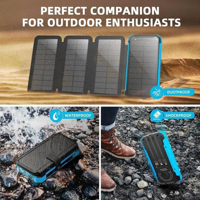 Alt view image 5 of 7 - Solar Charger Power Bank 20000mAh Portable Phone Charger with 1 Type-C & 2 USB-A Ports Built-in Dual LED FlashlightCompatible with iPhone  & More Waterproof Solar Panel for Camping Hiking