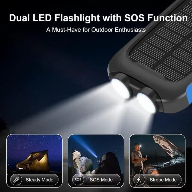Alt view image 3 of 6 - Solar Charger Power Bank 38800mAh Portable Phone Charger with 1 Type-C & 2 USB-A Ports Built-in Dual LED Flashlight 15W Fast Charging Waterproof Solar Panel Charger