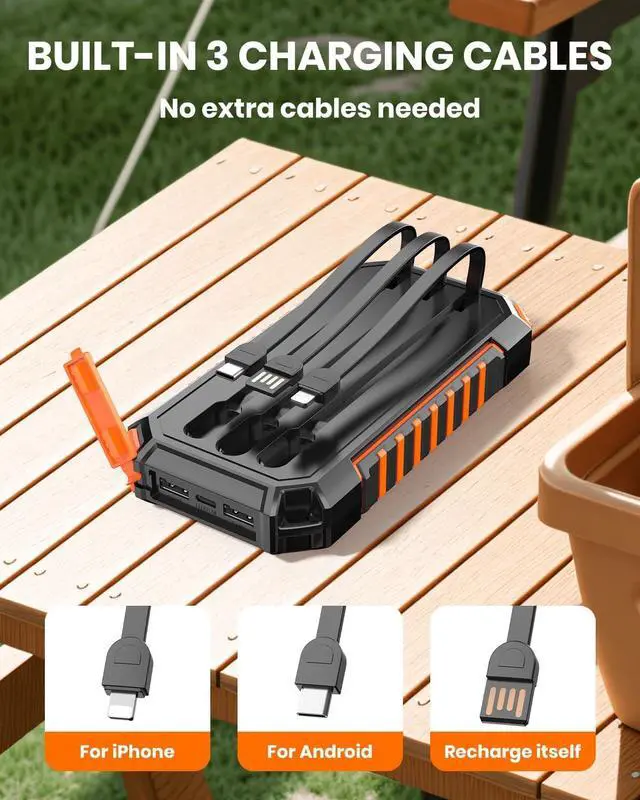 Alt view image 3 of 7 - Solar Power Bank Portable Charger 27000mAh Built-in 3 Cables Solar Phone Charger - 15W PD QC 3.0 Fast Charging Outdoor Battery Pack for iPhone Android Dual Flashlight (Orange)