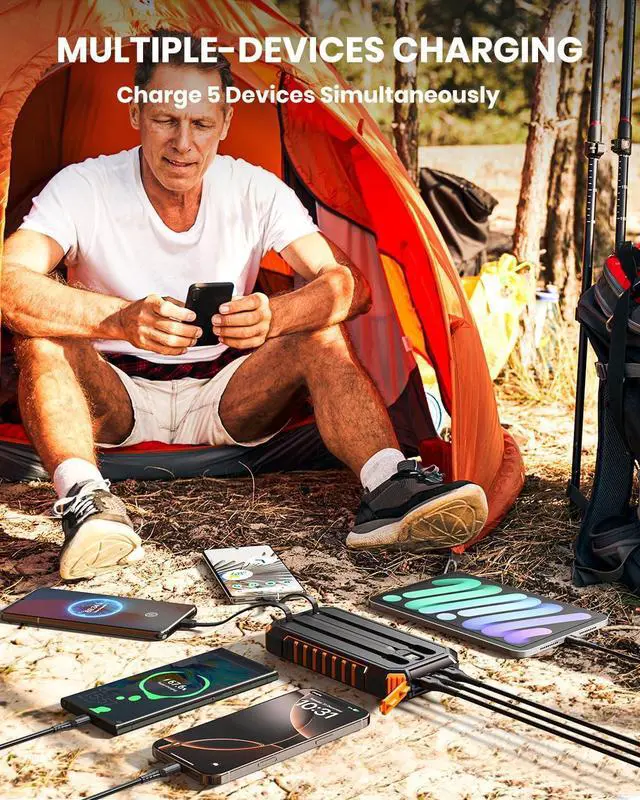 Alt view image 4 of 7 - Solar Power Bank Portable Charger 27000mAh Built-in 3 Cables Solar Phone Charger - 15W PD QC 3.0 Fast Charging Outdoor Battery Pack for iPhone Android Dual Flashlight (Orange)